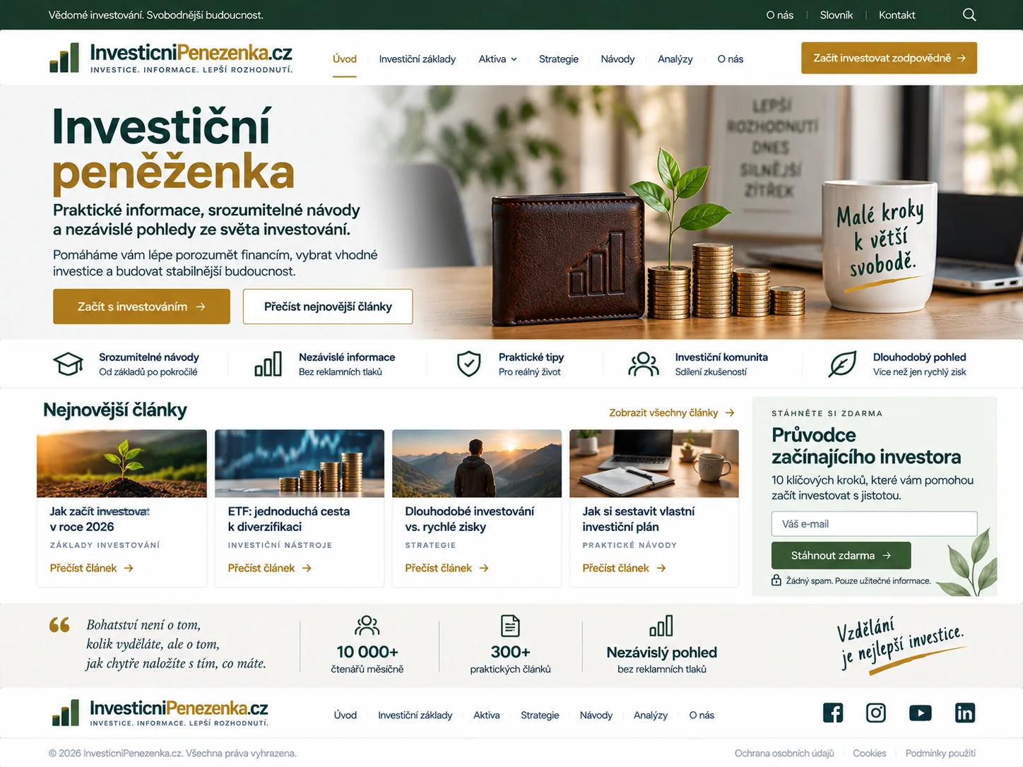 Ilustrační návrh webu InvesticniPenezenka.cz v tmavě zelené a zlaté s přehledem modelového portfolia